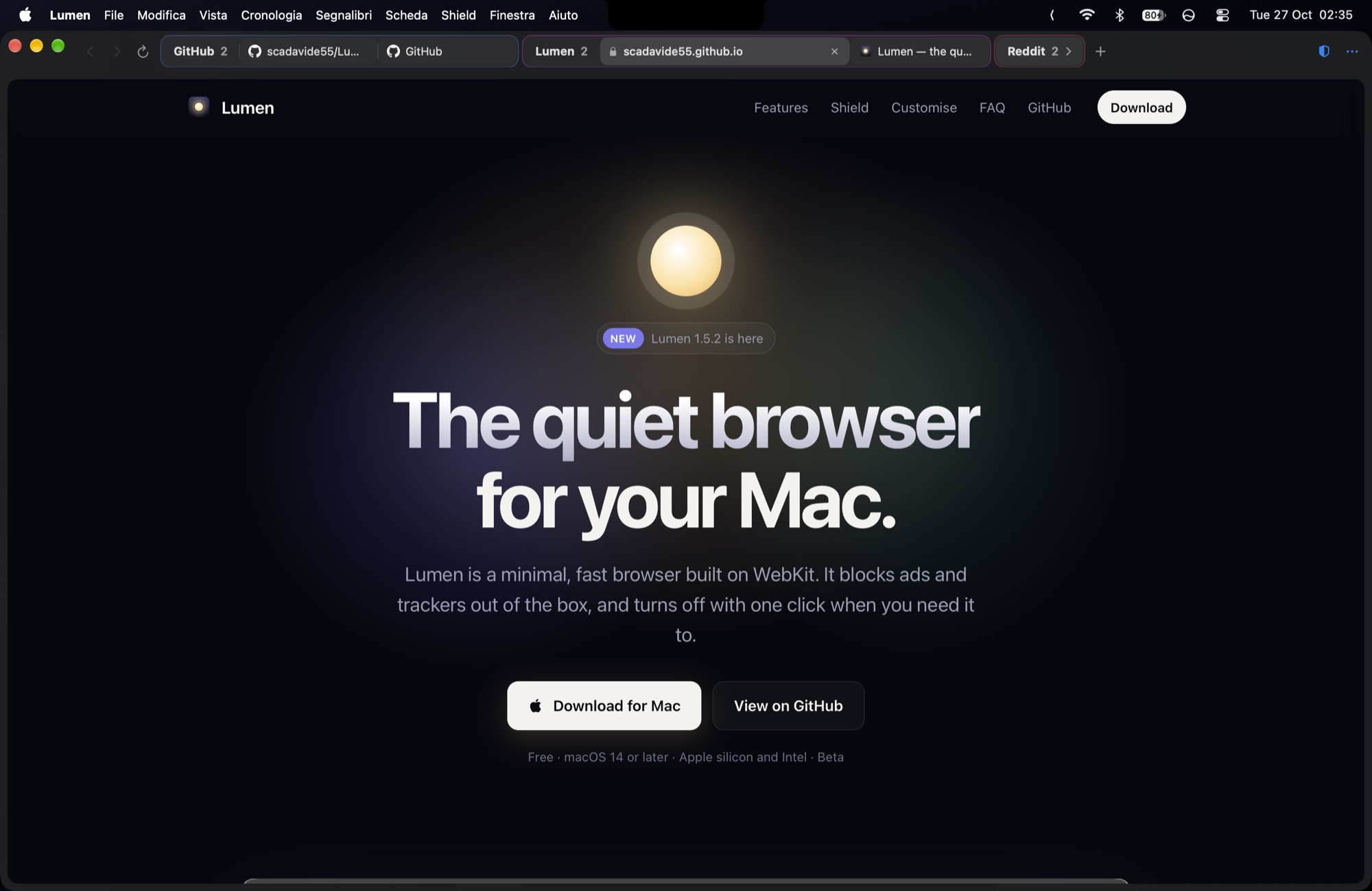 The Lumen window with tabs along the top and the Lumen website open